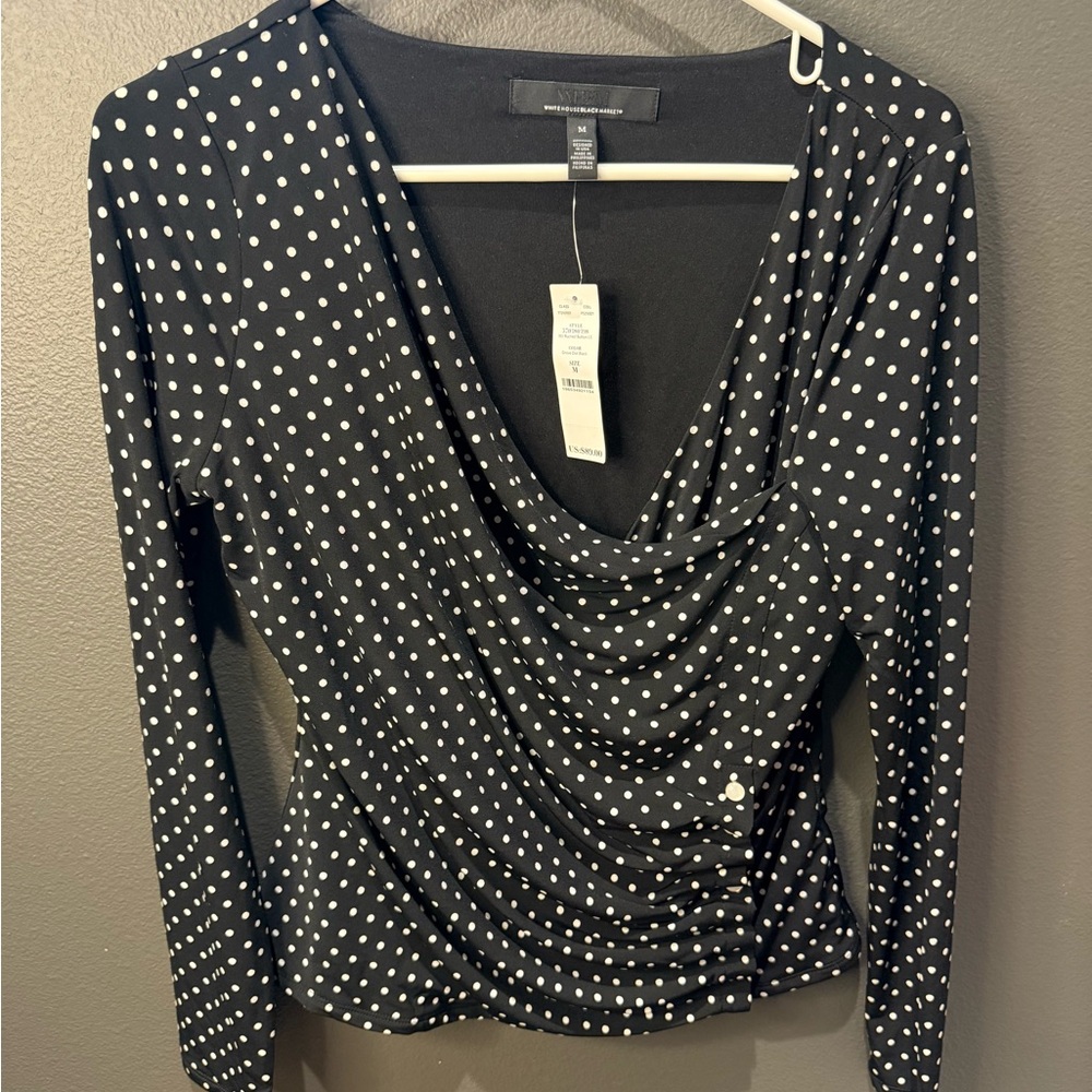 White House Black Market Black & White Polka Dot Draped Long Sleeve Top